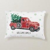 クリスマスの雪片のモノグラムが付いている赤いヴィンテージのトラック アクセントクッション (裏面)
