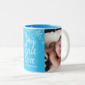 クリスマスの雪片写真と名前 ツートーンマグカップ (正面右)