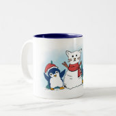 クリスマスの雪猫を作るかわいいペンギン ツートーンマグカップ (正面左)