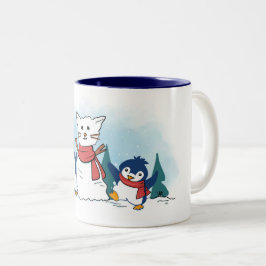 クリスマスの雪猫を作るかわいいペンギン ツートーンマグカップ
