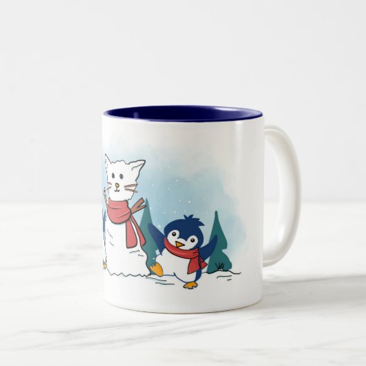 クリスマスの雪猫を作るかわいいペンギン ツートーンマグカップ (正面右)