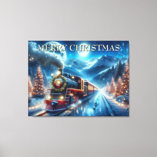 クリスマスの電車とリースと雪景色の松 キャンバスプリント (正面)