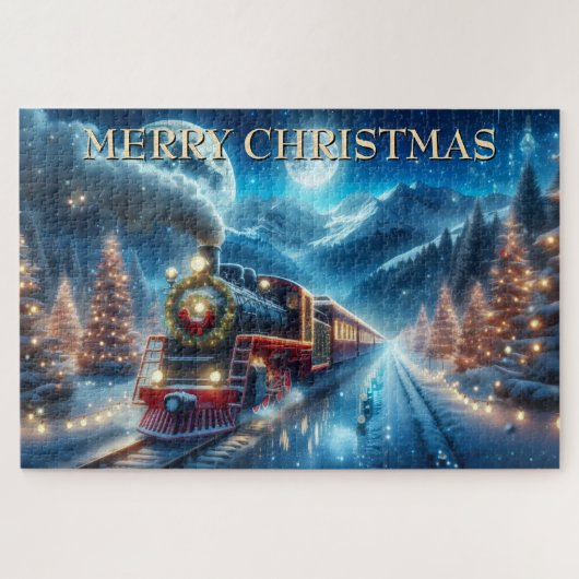 クリスマスの電車とリースと雪景色の松 ジグソーパズル (横)