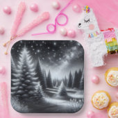 クリスマスの霜の降りた松の木の冬の風景 ペーパープレート (パーティー)