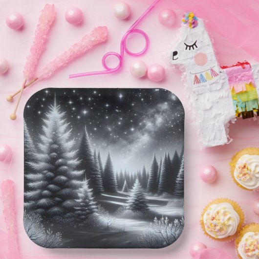 クリスマスの霜の降りた松の木の冬の風景 ペーパープレート (パーティー)