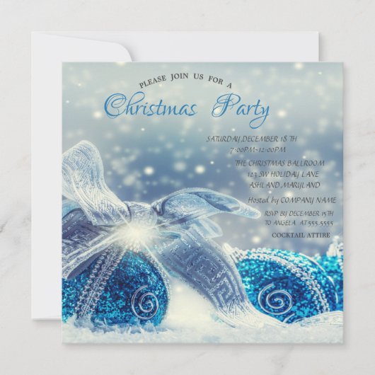 クリスマスの青いクリスマスボール企業のクリスマス 招待状 (正面)