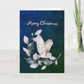 クリスマスの青いフクロウの葉と枝の水彩画 シーズンカード (正面)