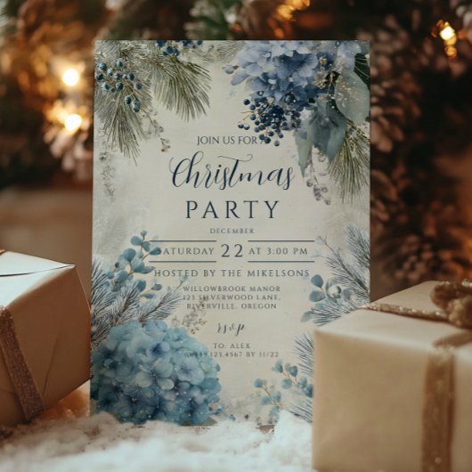 クリスマスの青い冬の花々 招待状