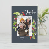クリスマスの青い植物の伝統的な写真 シーズンカード (スタンド正面)