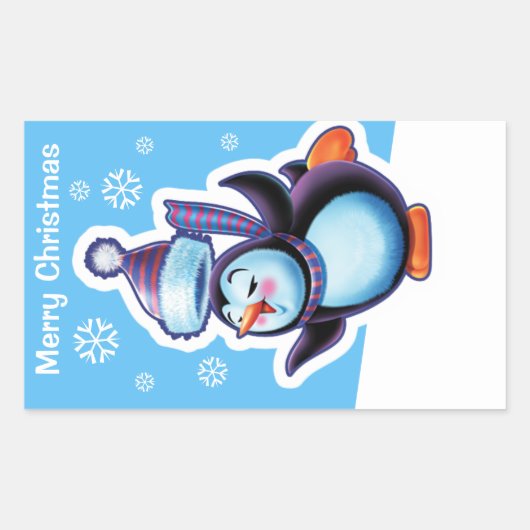 クリスマスの青い長方形のステッカーのペンギンのスケート選手 長方形シール (正面)