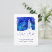クリスマスの青と白のサイレントナイトの雪の木 シーズンポストカード (スタンド正面)