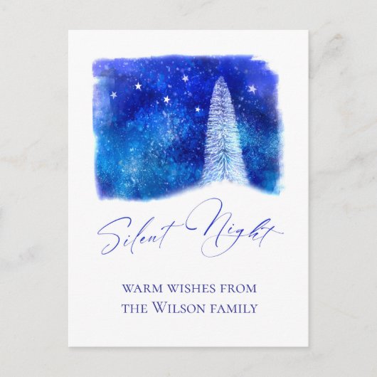 クリスマスの青と白のサイレントナイトの雪の木 シーズンポストカード (正面)