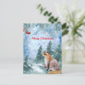 クリスマスの青狐の風景 水彩画 シーズンポストカード (スタンド正面)