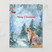 クリスマスの青狐の風景 水彩画 シーズンポストカード (正面)