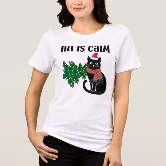 クリスマスの静かな黒猫 笑える トライブレンドＴシャツ (正面)