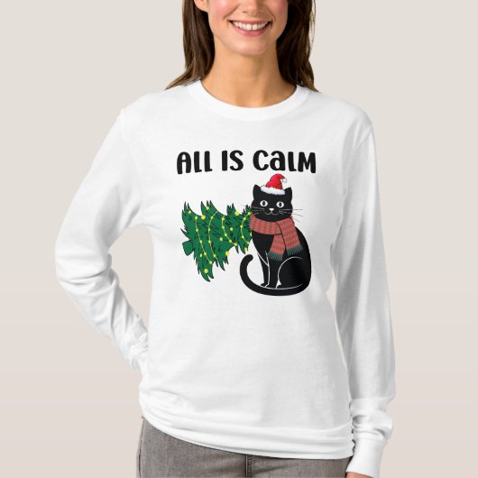 クリスマスの静かな黒猫 笑える Tシャツ (正面)