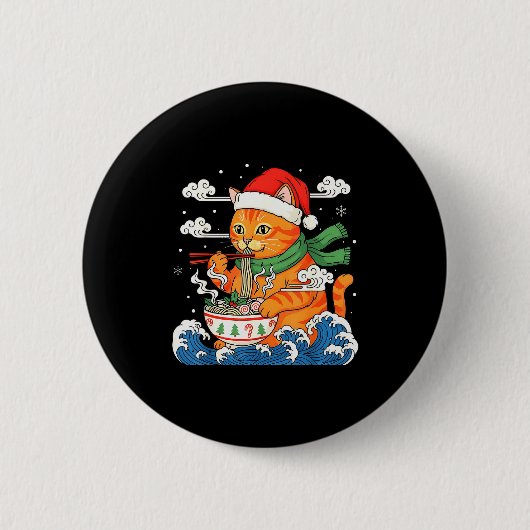 クリスマスの面白いラーメン猫が麺を食べる 日本 缶バッジ (正面)