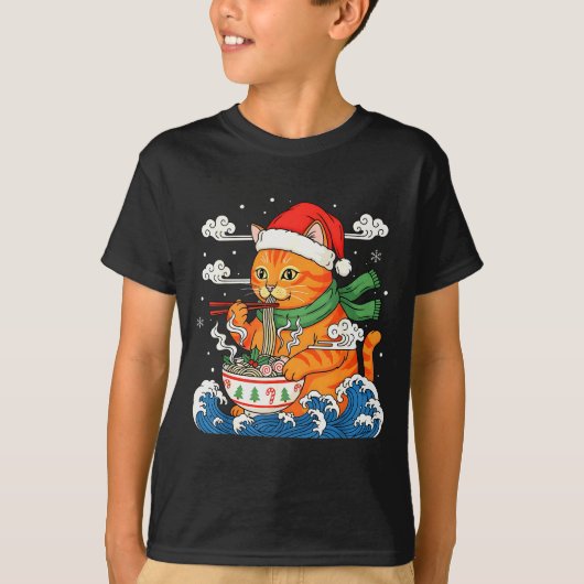 クリスマスの面白いラーメン猫が麺を食べる 日本 Tシャツ (正面)