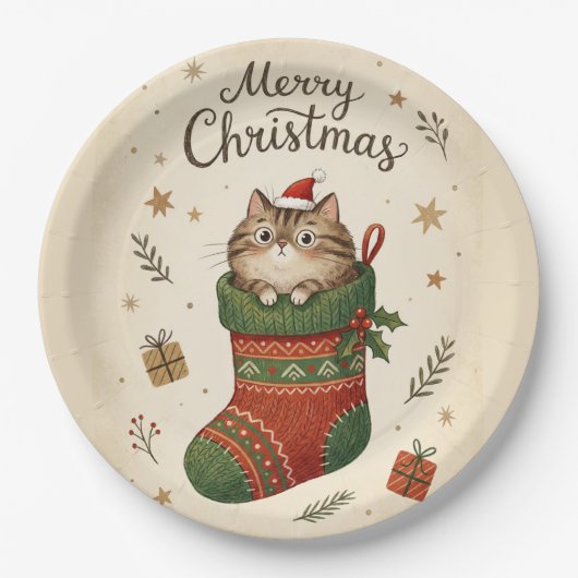 クリスマスの靴下にいる猫 ペーパープレート (正面)