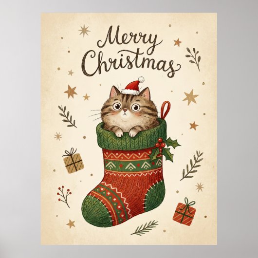 クリスマスの靴下にいる猫 ポスター (正面)