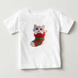 クリスマスの靴下に顔を出すかわいい子猫の赤ちゃんTシャツ ベビーTシャツ