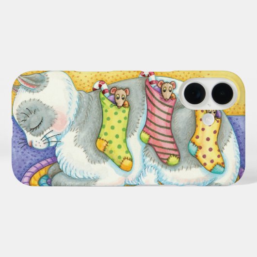 クリスマスの靴下の中でネズミと一緒に眠るかわいい猫 Case-Mate iPhoneケース (裏面 (横))