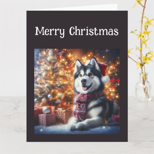 クリスマスの願いを込めたかわいいハスキーの犬ペット カード (黄色い花)