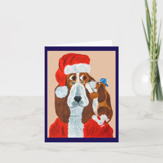 クリスマスの願い事をサンタに伝えるバセット・ハウンドの子犬 招待状 (正面)