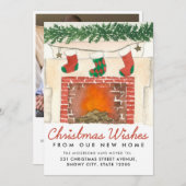 クリスマスの願い暖炉の写真の休日の移動 案内状 (正面/裏面)