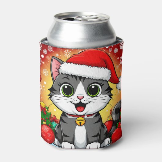 クリスマスの飾りとサンタの帽子をかぶった漫画の猫 缶クーラー (缶正面)