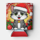 クリスマスの飾りとサンタの帽子をかぶった漫画の猫 缶クーラー (正面)