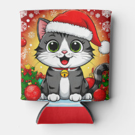 クリスマスの飾りとサンタの帽子をかぶった漫画の猫 缶クーラー