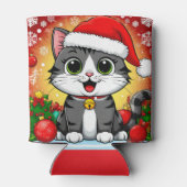 クリスマスの飾りとサンタの帽子をかぶった漫画の猫 缶クーラー (裏面)