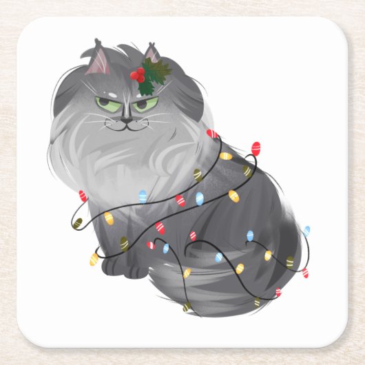 クリスマスの飾りとメインクーン スクエアペーパーコースター (正面)