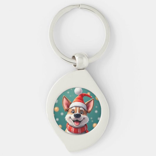 クリスマスの飾りの中の犬 キーホルダー (正面)