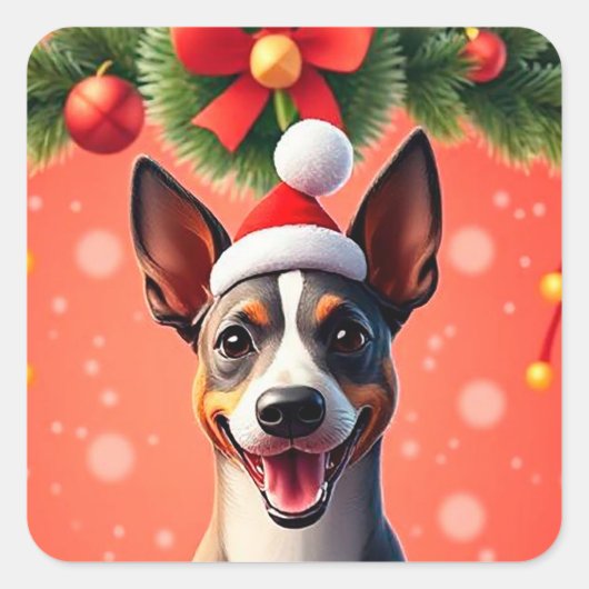 クリスマスの飾りの中の犬 スクエアシール (正面)