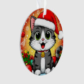 クリスマスの飾り付きサンタハットの漫画の猫 オーナメント (正面)