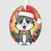 クリスマスの飾り付きサンタハットの漫画の猫 オーナメント (正面)