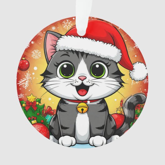 クリスマスの飾り付きサンタハットの漫画の猫 オーナメント (正面)