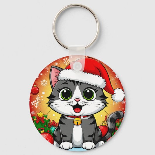 クリスマスの飾り付きサンタハットの漫画の猫 キーホルダー (正面)