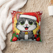 クリスマスの飾り付きサンタハットの漫画の猫 クッション (ブランケット)
