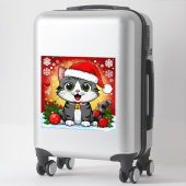 クリスマスの飾り付きサンタハットの漫画の猫 シール (スーツケース)