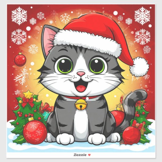 クリスマスの飾り付きサンタハットの漫画の猫 シール (シート)