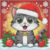 クリスマスの飾り付きサンタハットの漫画の猫 シール (正面)