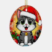 クリスマスの飾り付きサンタハットの漫画の猫 セラミックオーナメント (右)