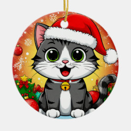 クリスマスの飾り付きサンタハットの漫画の猫 セラミックオーナメント