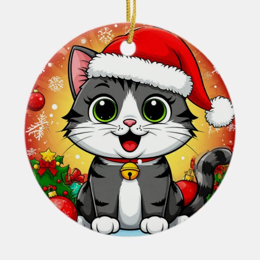 クリスマスの飾り付きサンタハットの漫画の猫 セラミックオーナメント (正面)
