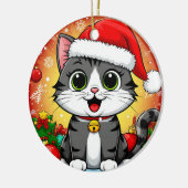 クリスマスの飾り付きサンタハットの漫画の猫 セラミックオーナメント (左)