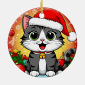 クリスマスの飾り付きサンタハットの漫画の猫 セラミックオーナメント (裏面)