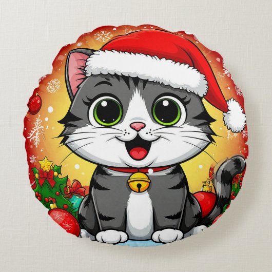 クリスマスの飾り付きサンタハットの漫画の猫 ラウンドクッション (正面)